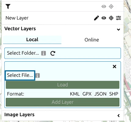 map.army vector layer form with 'Select File...' marked