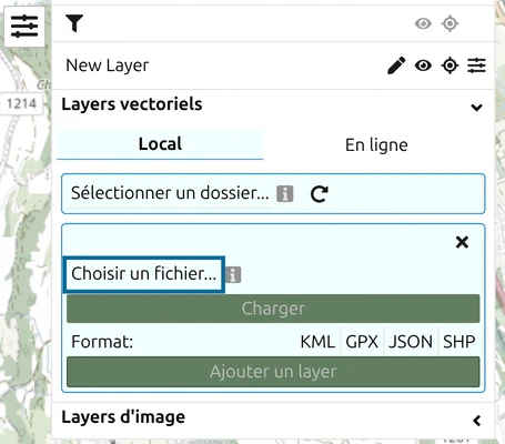 Formulaire de layer vectoriel de map.army avec 'Choisir un fichier...' entouré