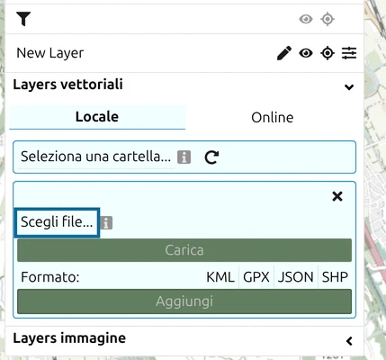 Modulo del layer vettoriale di map.army con 'Scegli file...' evidenziato