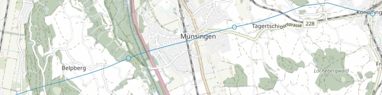L'itinéraire de marche d'exemple en fine ligne bleu clair avec quatre cercles de points de passage sur la carte map.army