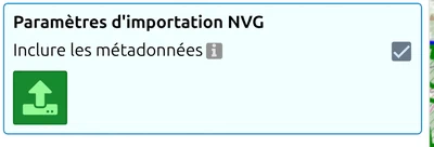 « Paramètres d'importation NVG » dans map.army avec la case « Inclure les métadonnées » et le bouton vert de chargement