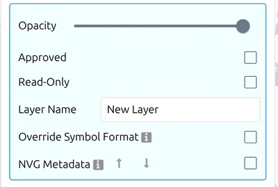 'NVG Metadata' at the foot of a layer's Settings panel in map.army, below Override Symbol Format