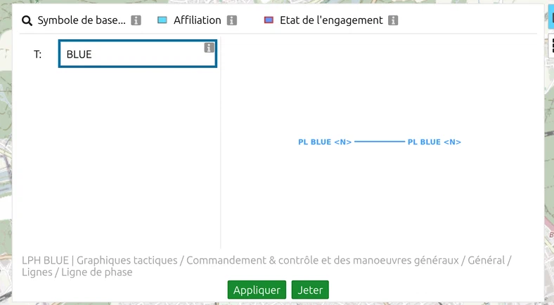Le MSS Symbol Editor de map.army avec le champ de désignation « T: » entouré et une désignation saisie