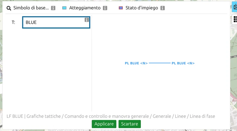 Il Symbol Editor di map.army con il campo di designazione 'T:' cerchiato e una designazione inserita