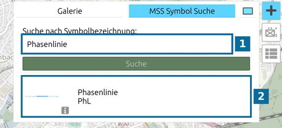 MSS-Symbolsuche in map.army: ein Begriff im Suchfeld (1) und das passende Ergebnis (2)