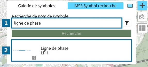 MSS Symbol Search dans map.army : un terme saisi dans le champ de recherche (1) et le résultat correspondant (2)
