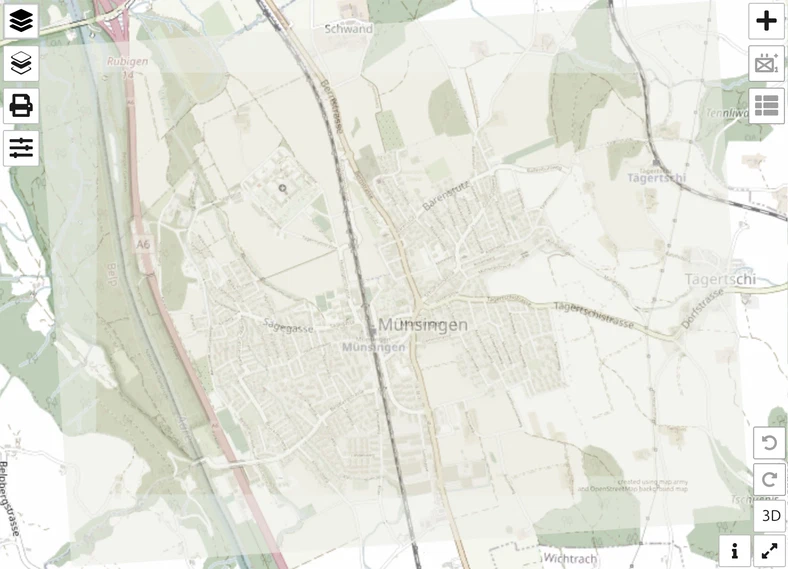 Sepia scan of Münsingen placed and toned down on the map.army base map