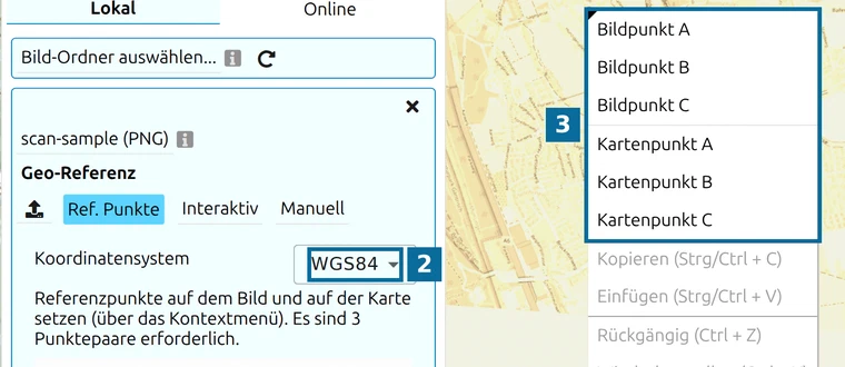 Bildplatzierung in map.army mit dem Feld Koordinatensystem und dem Kontextmenü mit «Bildpunkt» und «Kartenpunkt»
