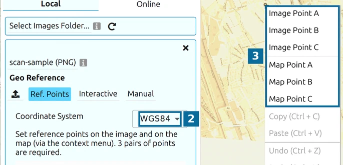 map.army image placement with the coordinate system field and the context menu with 'Image Point' and 'Map Point'
