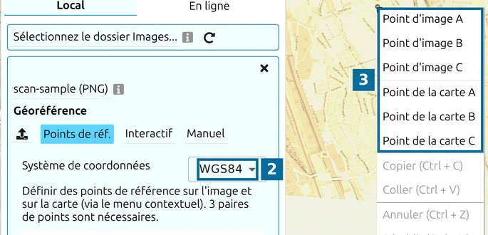 Placement d'image dans map.army : Système de coordonnées (2) et menu contextuel avec les points d'image et de la carte (3)