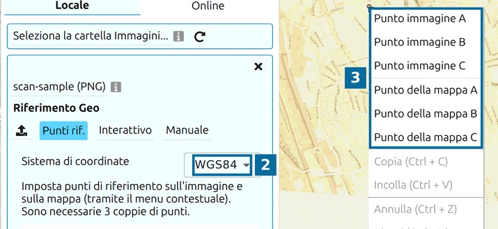 Campo Sistema di coordinate e menu contestuale con 'Punto immagine' e 'Punto della mappa' nel posizionamento di map.army