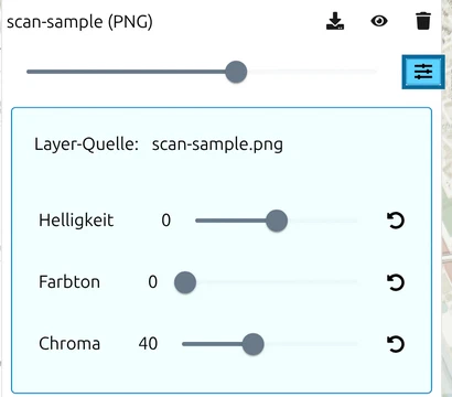 Einstellungen eines Bild-Layers in map.army mit Layer-Quelle, Helligkeit, Farbton und Chroma
