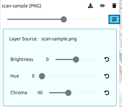 Settings of an image layer in map.army with Layer Source, Brightness, Hue and Chroma
