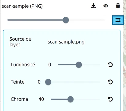 Paramètres d'un calque image dans map.army avec Source du layer, Luminosité, Teinte et Chroma