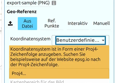 Bildplatzierung in map.army nach dem Laden einer World-Datei, Feld Koordinatensystem auf «Benutzerdefiniert...» mit Hinweis