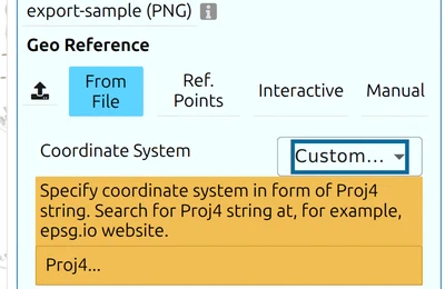 map.army image placement after loading a world file, with the Coordinate System field on 'Custom...' and its hint