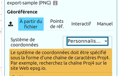 Placement d'image après chargement d'un fichier monde : Système de coordonnées sur 'Personnalisé...' avec son indication
