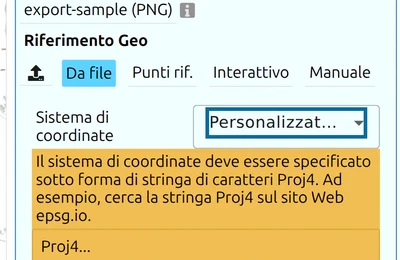 Dopo un world file, il campo Sistema di coordinate di map.army mostra 'Personalizzato...' con un suggerimento