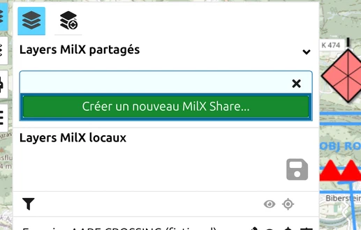 Bouton 'Créer un nouveau MilX Share...' dans la section 'Layers MilX partagés' du panneau Layers de map.army