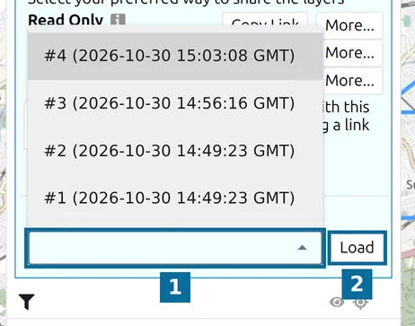 map.army 'Load specific version' list with versions #1 to #4 and the Load button