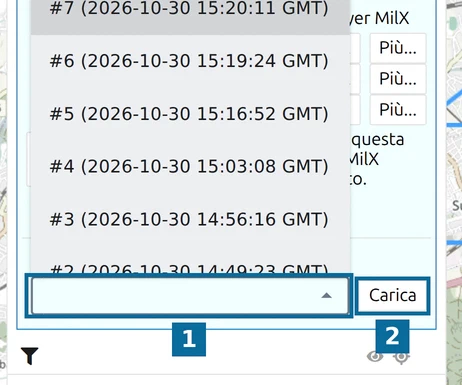 Elenco 'Carica una versione specifica' di map.army con le versioni da #2 a #7 e il pulsante Carica