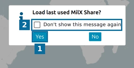 map.army dialog 'Load last used MilX Share?' with the Yes button and the 'Don't show this message again' box
