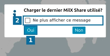 Dialogue 'Charger le dernier MilX Share utilisé?' de map.army avec le bouton Oui et la case 'Ne plus afficher ce message'