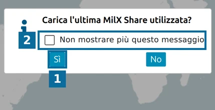 Finestra 'Carica l'ultima MilX Share utilizzata?' con il pulsante Sì e la casella 'Non mostrare più questo messaggio'