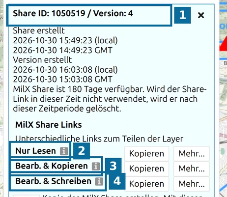 map.army MilX-Share-Details mit Share ID, Version und den Link-Zeilen Nur Lesen, Bearb. & Kopieren und Bearb. & Schreiben