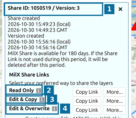 map.army MilX Share details with Share ID and version and the Read Only, Edit & Copy and Edit & Overwrite link rows