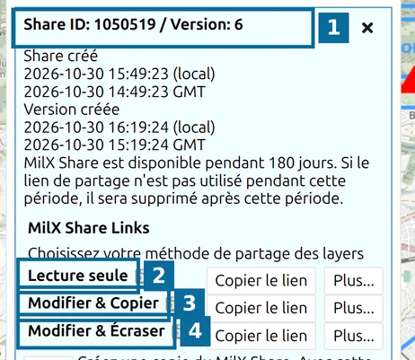 Détails du MilX Share de map.army : Share ID, version et liens Lecture seule, Modifier & Copier, Modifier & Écraser