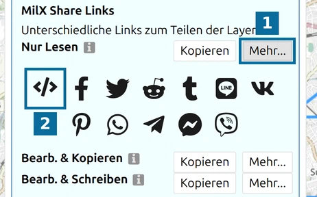 Weitere Optionen 'Mehr...' eines map.army-Links mit der Schaltfläche für den Einbettungscode und Social-Media-Schaltflächen