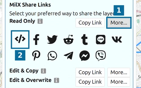 'More...' options of a map.army share link with the embed code button and social media buttons