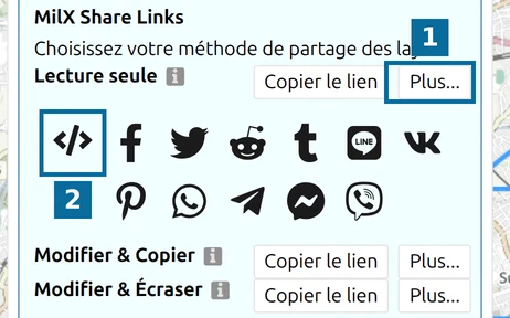 Options 'Plus...' d'un lien de partage map.army avec le bouton du code d'intégration et les boutons de réseaux sociaux
