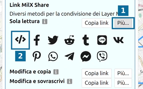 Opzioni 'Più...' di un link di map.army con il pulsante del codice di incorporamento e i pulsanti dei social media
