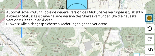 Bernsteinfarbene Anzeige der Änderungsverfolgung unten rechts auf der map.army-Karte, Hinweis auf neuere Version