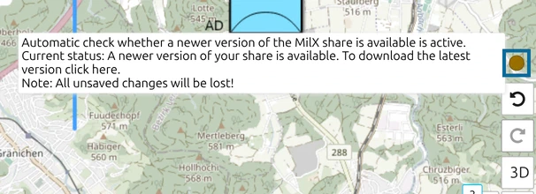 Amber change-tracking indicator at the bottom right of the map.army map with the message that a newer version is available