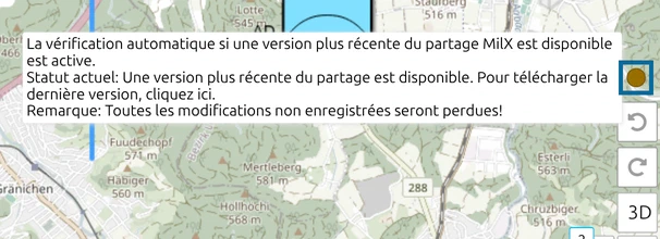 Indicateur ambre du suivi, en bas à droite de la carte map.army, avec l'info-bulle d'une version plus récente disponible