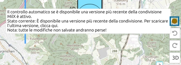 Indicatore ambra del controllo modifiche in basso a destra in map.army con il messaggio di una versione più recente