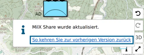 map.army-Meldung 'MilX Share wurde aktualisiert.' mit dem Link 'So kehren Sie zur vorherigen Version zurück'