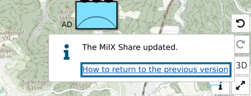map.army message 'The MilX Share updated.' with the link 'How to return to the previous version'