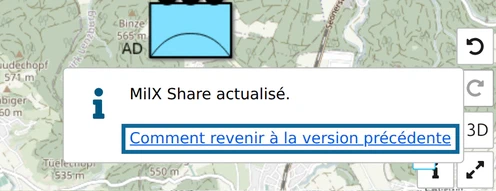Message de map.army 'MilX Share actualisé.' avec le lien 'Comment revenir à la version précédente'