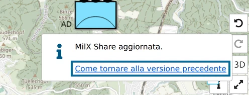 Messaggio di map.army 'MilX Share aggiornata.' con il link 'Come tornare alla versione precedente'