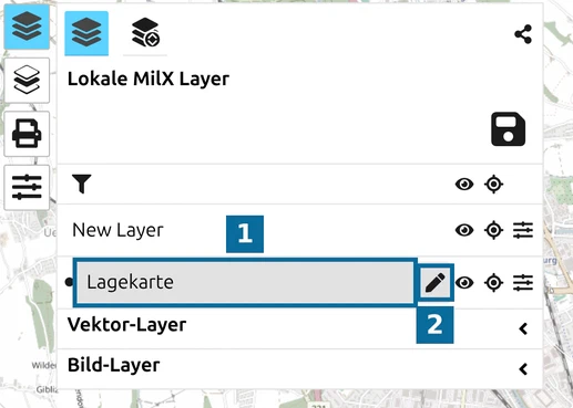 map.army Layer-Liste mit dem aktiven Layer 'Lagekarte', markiert durch ein Stiftsymbol