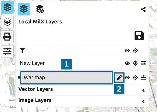 map.army layer list with the layer 'War map' active, marked by a pencil icon