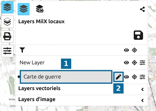 Liste des layers de map.army avec le layer 'Carte de guerre' actif, marqué d'une icône de crayon