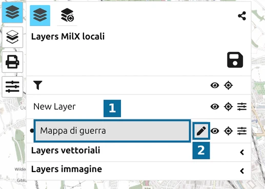 Elenco dei layer di map.army con il layer 'Mappa di guerra' attivo, contrassegnato da una matita