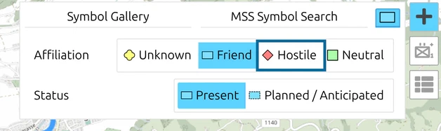 Affiliation row in the map.army symbol panel with 'Hostile' marked