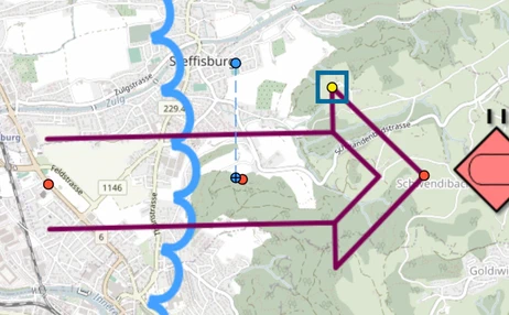 Selected attack arrow on the map.army map with its edit handles and the width handle marked