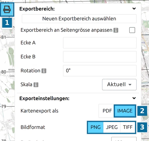 map.army-Exportfenster mit 'Kartenexport als' IMAGE und dem Bildformat PNG, JPEG oder TIFF